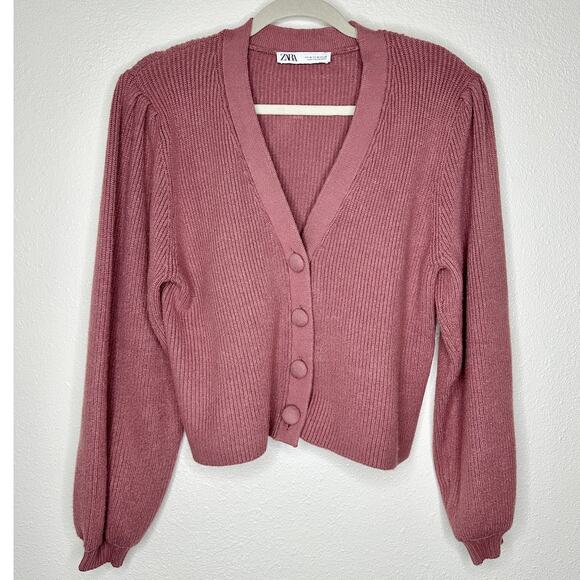 ZARA Mauve Balloon Sleeve V-Neck Cropped Button Chunky Knit Cardigan Sweater M - Picture 2 of 11